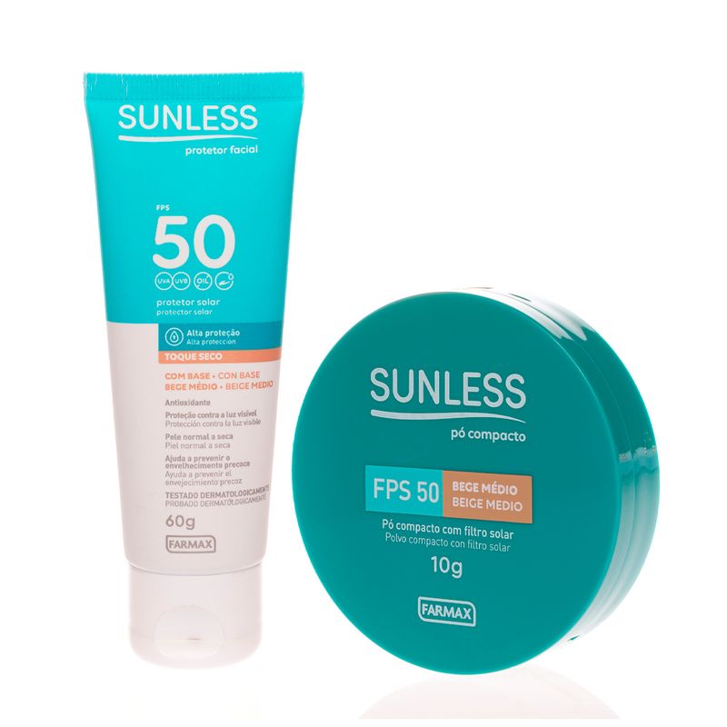 Kit Pó Compacto + Protetor Solar Facial Médio FPS50 Sunless 60g - Lojas ...
