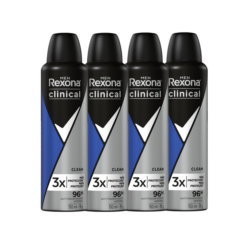 Desodorante Rexona Aerosol Men Clinical Clean 150ml - Kit com 4 Unidades