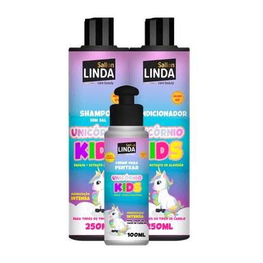 Kit Sallon Linda Kids Shampoo + Condicionador + Creme Pentear Unicórnio
