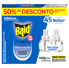 Repelente Elétrico Liquido Refil Raid 45 Noites Grátis 50% 2 Unidades 32,9ml