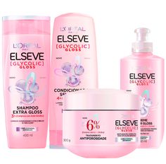 Kit Shampoo Elseve Glycolic Gloss, Condicionador Elseve Glycolic Gloss, Creme Para Pentear Elseve Glycolic Gloss e Creme De Tratamento