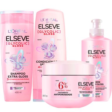 Kit Shampoo Elseve Glycolic Gloss, Condicionador Elseve Glycolic Gloss, Creme Para Pentear Elseve Glycolic Gloss e Creme De Tratamento