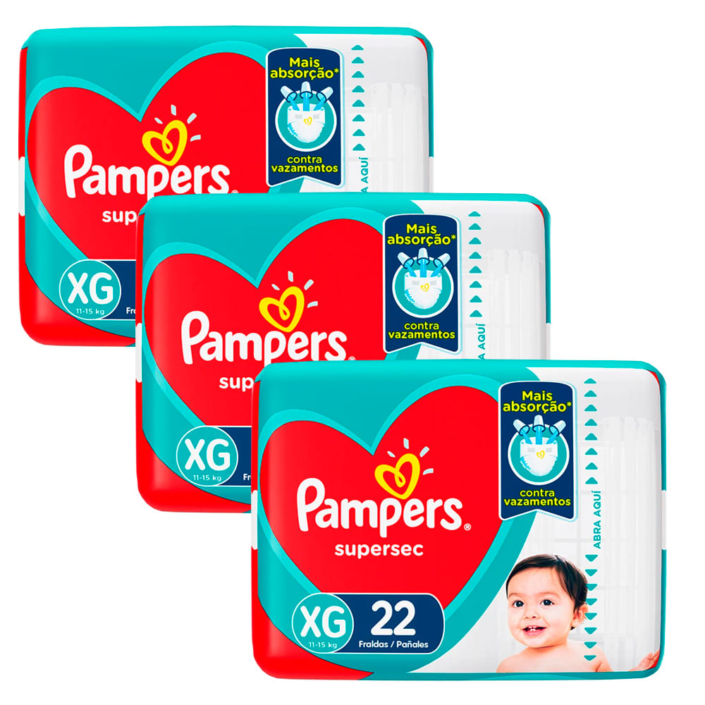 Kit 3 Fraldas Pampers Supersec Pacotão Econômico XG - 66 Tiras - Lojas Rede