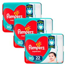 Kit 3 Fraldas Pampers Supersec Pacotão Econômico XG - 66 Tiras