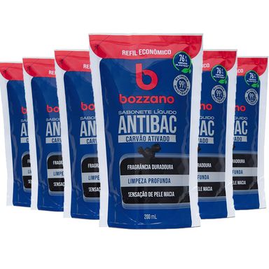 Kit Sabonete Líquido Antibacteriano Bozzano Carvão Ativado Refil 200ml - 6 Unidades