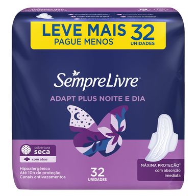 Absorvente Sempre Livre Adapt Plus Com Abas Cobertura Seca 32 Unidades