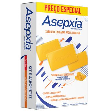 Kit Asepxia Sabonete em Barra Enxofre 80g - 3 Unidades