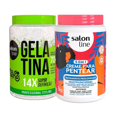 Kit Salon Line Gelatina To De Cacho + Creme De Pentear Salon Line 5 Em 1 Tratamento Prolongado 1Kg