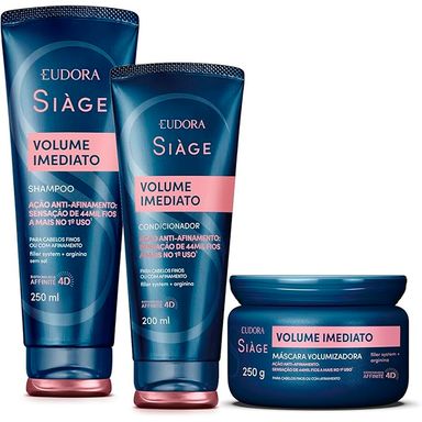 Kit Eudora Siage Shampoo 250ml + Condicionador 200ml + Máscara 250g Volume Imediato Ação Anti-Afinamento