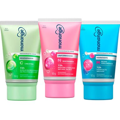 Kit Monange Desodorante Antitranspirante Creme Feminino 72h 50g - 3 Produtos