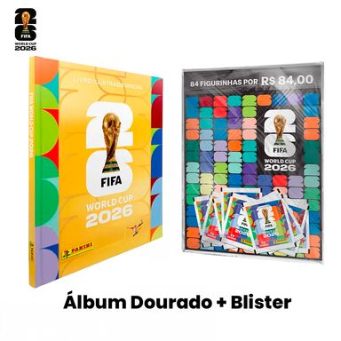 Kit Panini Copa do Mundo 2026 Álbum Capa Dura Dourada + Blister com 12 Envelopes de Figurinhas Oficiais Fifa