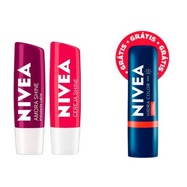 Kit Nivea Hidratante Labial Hidra Color Coral 4,8g + Hidratante Labial Cereja Shine 4,8g + Hidratante Labial Amora Shine 4,8g