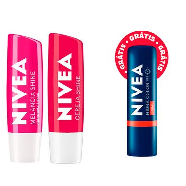 Kit Nivea Hidratante Labial Hidra Color Coral 4,8g + Hidratante Labial Cereja Shine 4,8g + Hidratante Labial Melancia Shine 4,8g