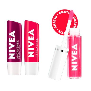 Kit Nivea Hidratante Labial Lip Oil Pink 5,5ml + Hidratante Labial Cereja Shine 4,8g + Hidratante Labial Amora Shine 4,8g